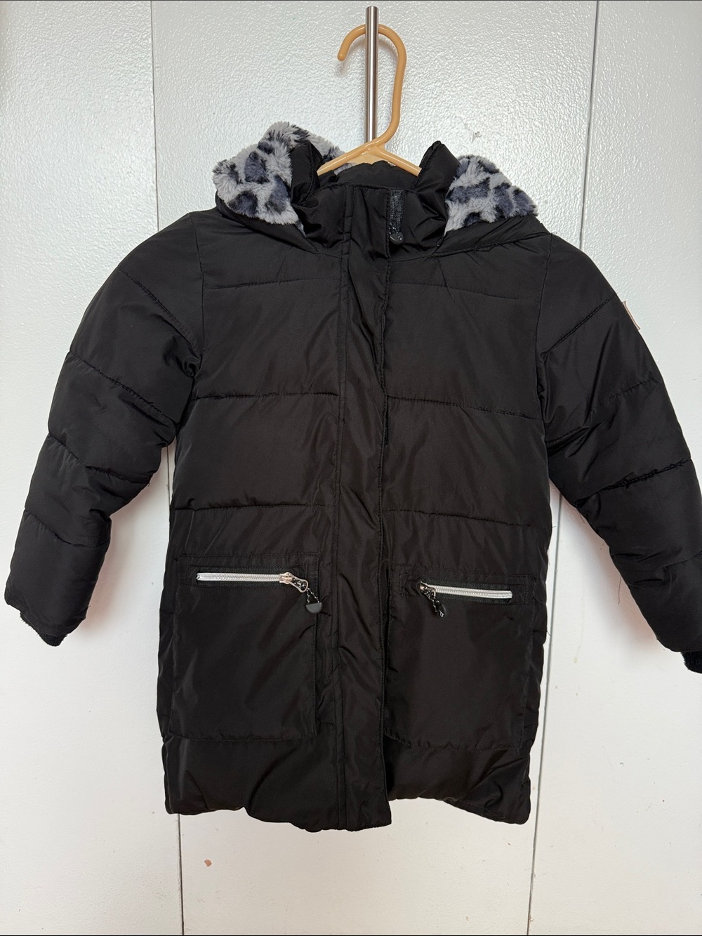 deux par deux Black Puffer Jacket with Leopard-Print Hood Lining